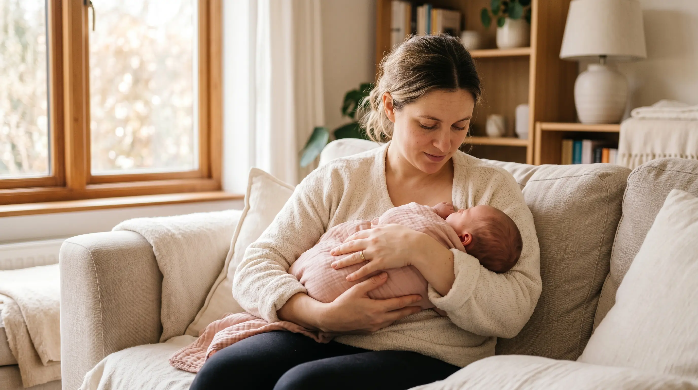 Mother holding newborn baby at six weeks postpartum recovery