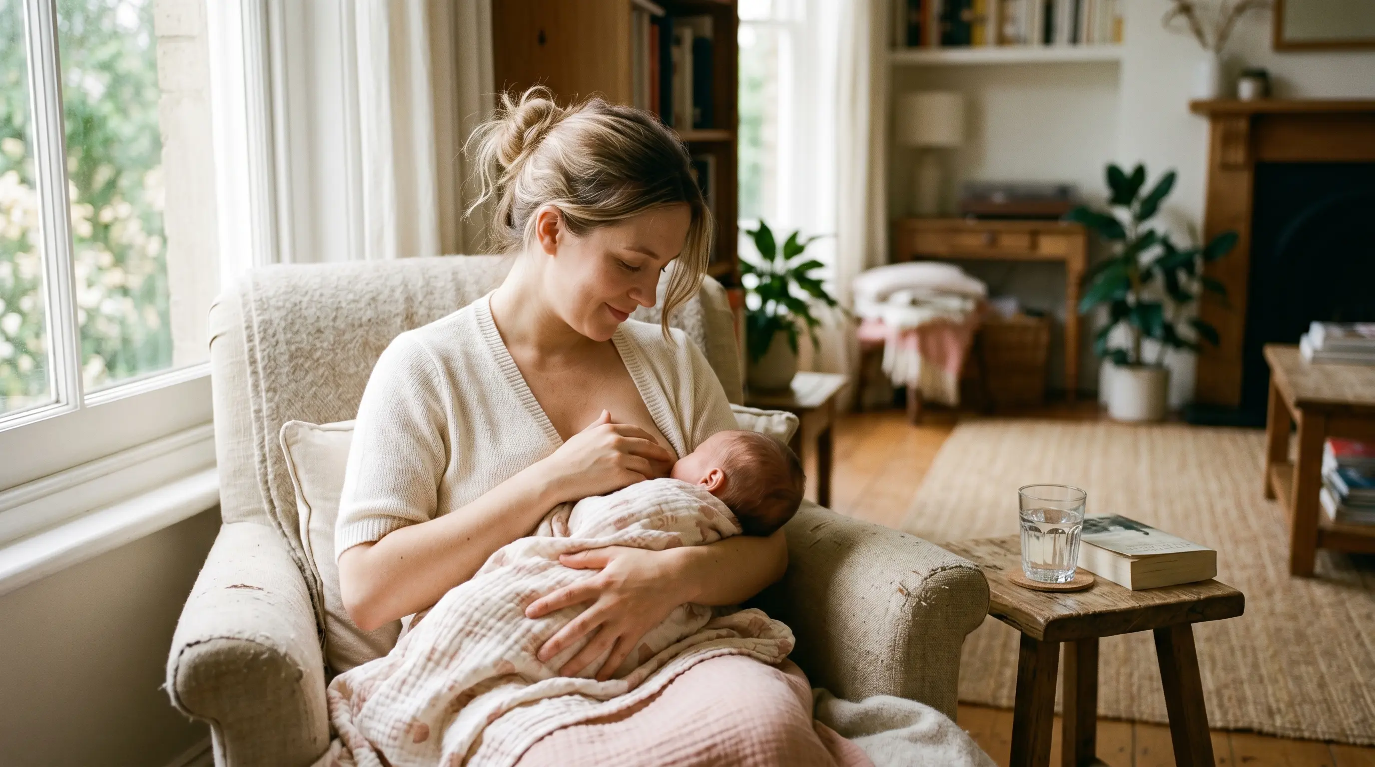 Mother breastfeeding her newborn baby at home