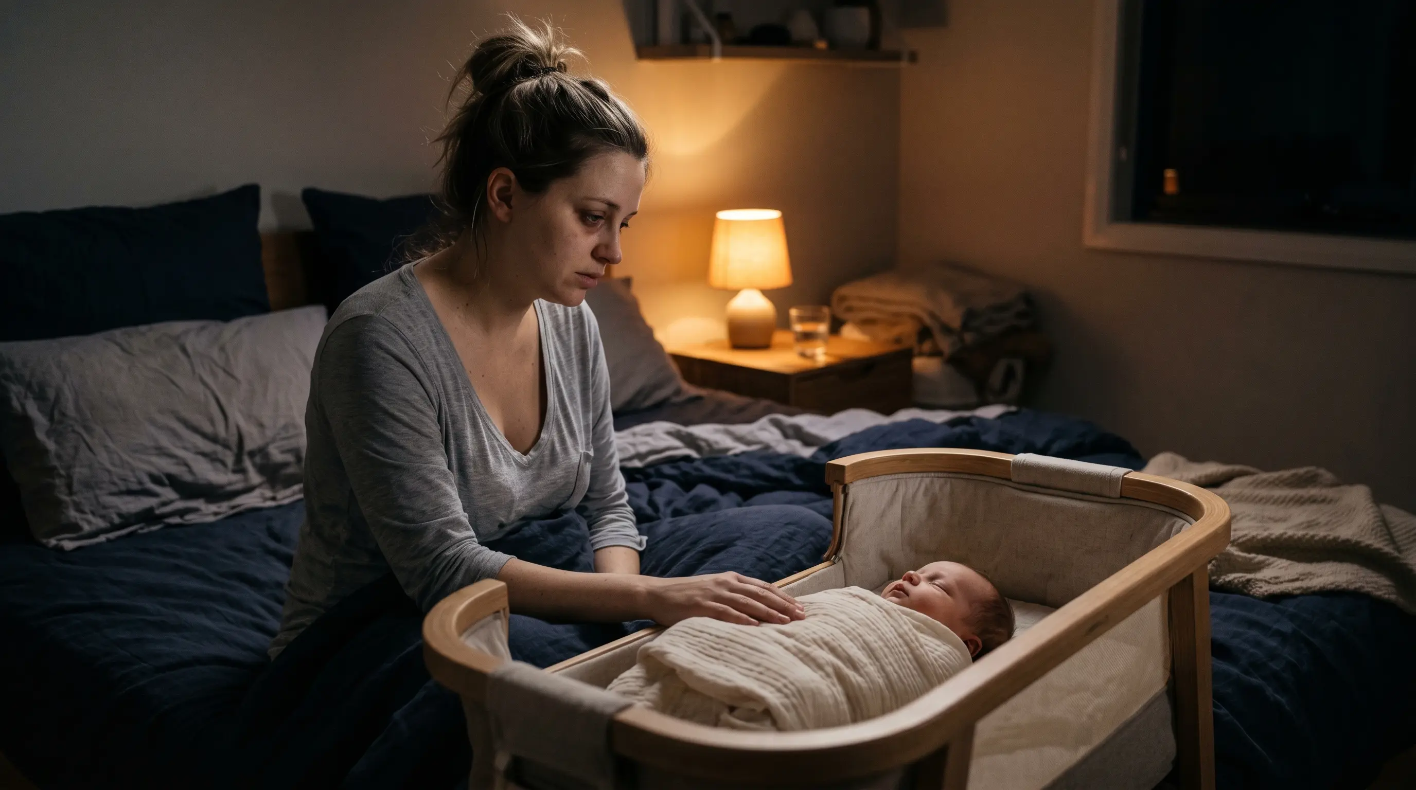 Mother sitting awake at night watching over her newborn baby
